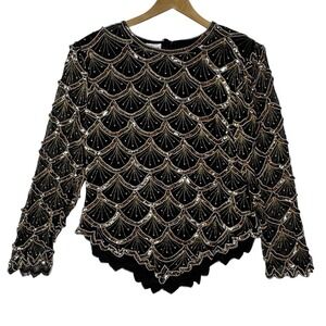 Vtg Laurence Kazar Womens XXL Silk Beaded Sequin Embellished Long Sleeve Gatsby
